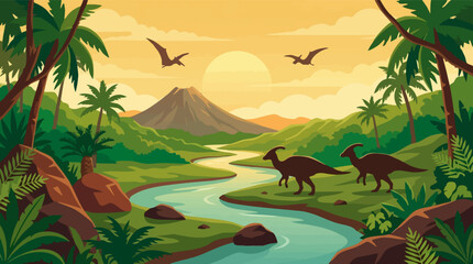 Vibrant Prehistoric Landscape with Dinosaurs, Volcano, River and Sunset © Artify