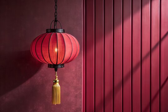 Red Chinese Lantern Hanging Against Red Wall, Traditional Chinese Red Lantern Wall Decoration Background