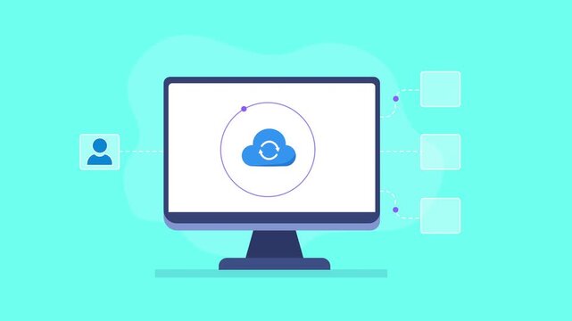 Animated video showing cloud collaboration and file sharing on a computer monitor, connected to user, team, link, and email icons on a turquoise background.