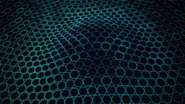 Abstract futuristic background with glowing blue neon hexagonal grid pattern, digital technology concept, 3d render illustration
