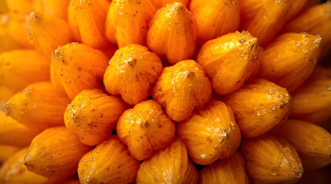 Extreme Macro Close-up of Vibrant Ripe Cempedak Fruit Segments with Detailed Texture and Rich Golden Orange Tones for Tropical Food Photography