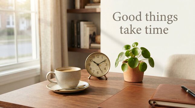 Inspirational quote good things take time on wall, cozy home office desk with coffee and alarm clock, mindful morning workspace