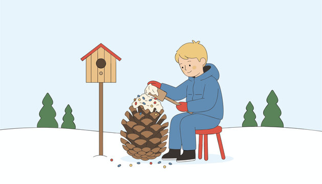 Young boy in a blue jacket sits on a red stool in a snowy field applying seed to a large pinecone bird feeder next to a wooden birdhouse.