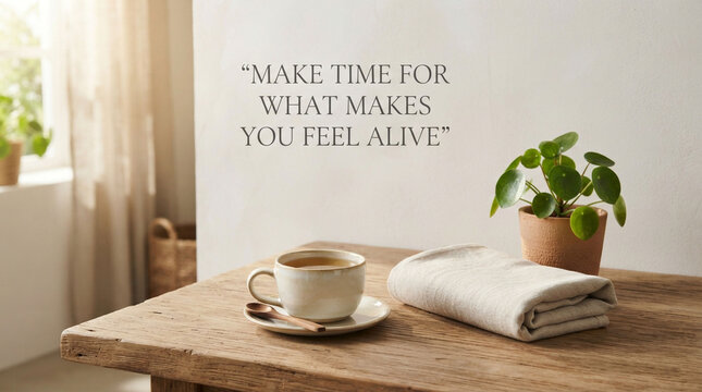 Inspirational quote on wall above rustic wooden table, morning coffee cup with green plant, cozy home interior with natural sunlight