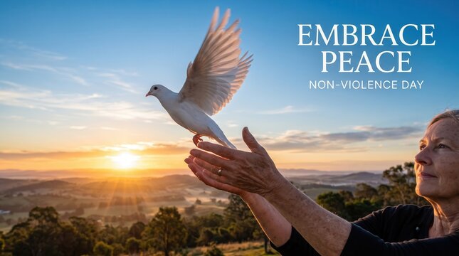 Woman releasing a white dove into the sky at sunset over a rolling landscape with text overlay embrace peace non day
