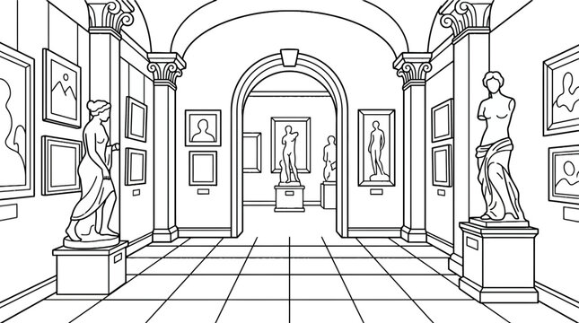 Coloring book page of an art gallery interior with statues