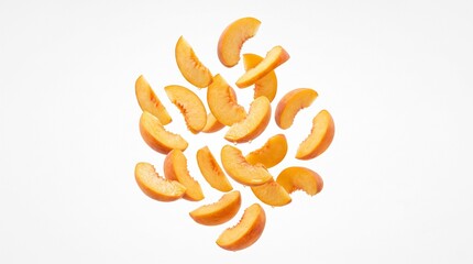 Fototapeta premium Fresh peach slices falling on white background