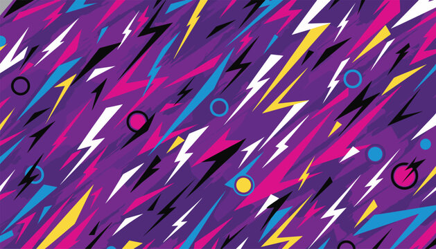 Energetic nineties abstract seamless pattern with purple background, neon lightning bolts, and colorful circles.
