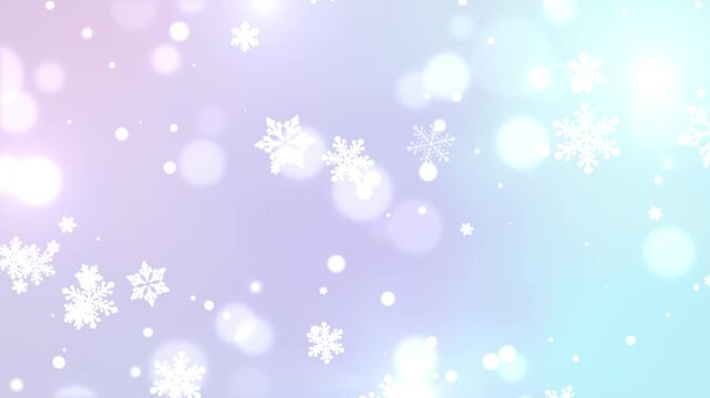 大きな雪の結晶と光の粒子が降るピンクと水色のシームレスループ動画素材