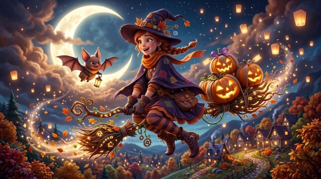 A little witch flies on a magic broom, carrying a Jack-o'-lantern and a bat. A large crescent moon and a lantern. A Halloween adventure full of magic.