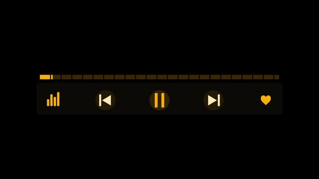 Retro 80s hi-fi music player interface with orange LED progress bar filling segments. Glowing amber controls feature pause, skip, and heart icons on black. Vintage audio animation.