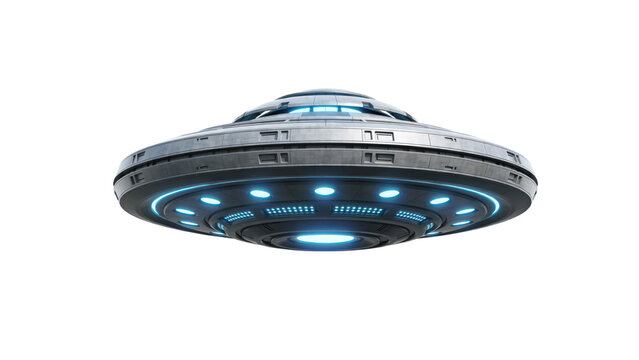 Metallic unidentified flying with glowing blue lights and circular disc shape for science fiction concepts isolated on a transparent background