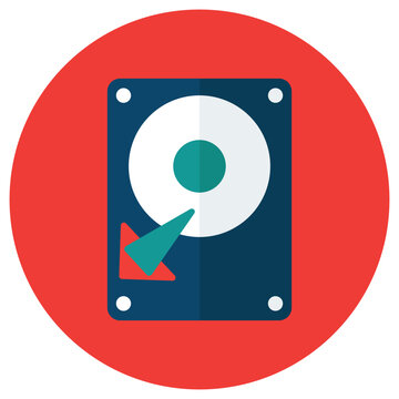 Computer hard drive icon with disc inside isolated on bright red circular background eps 10