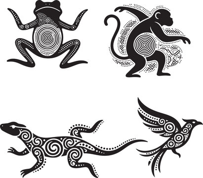 Set of artistic tribal animal illustrations featuring stylized silhouettes of a frog a monkey a lizard and a bird with intricate swirling patterns