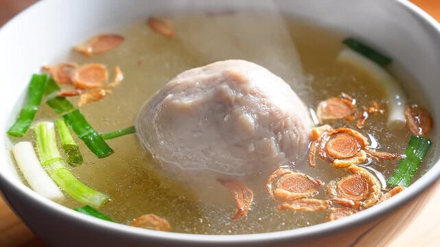 Steaming bowl of Indonesian bakso soup with large meatball and garnish