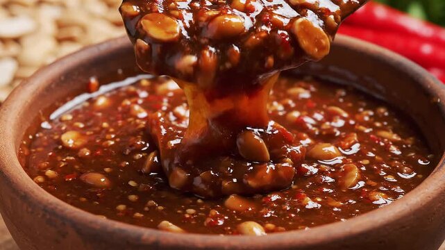 Close-up of chunky peanut sauce being scooped from a wooden bowl with a spoon.