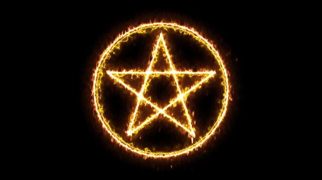 Wiccan pentagram blazing with golden fire particles against pure black. Upright pentacle in a circle forms through flames for pagan, mystical, and spiritual designs.