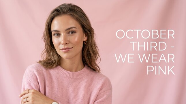 Young woman with wavy brown hair wearing a soft pink knit sweater posing against a matching pastel pink fabric background with white text overlay reading october third we wear pink