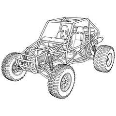 Fototapeta premium Line drawing of an fff road buggy vehicle illustration with roll cage and large tires