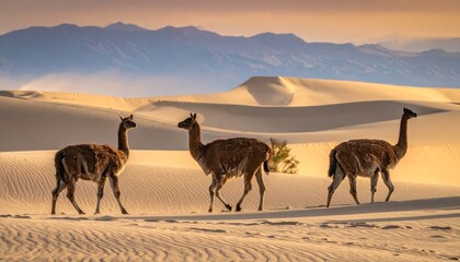 Fototapeta premium Guanaco herd walking across sand dunes in the Atacama Desert at sunset