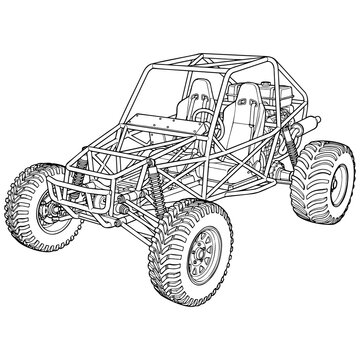 Line drawing of an fff road buggy vehicle illustration with roll cage and large tires