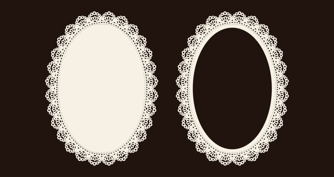 Oval lace doily frame vector set. Vintage delicate scalloped openwork edge. Elegant template perfect for romantic wedding invitations, aesthetic scrapbooking, and whimsical branding.