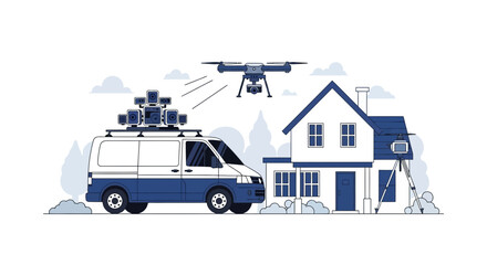 Obraz premium Real Estate 3D Mapping and Surveillance Illustration with Van, Drone, and Cameras