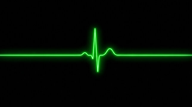 Glowing green neon heartbeat ekg pulse line on dark background