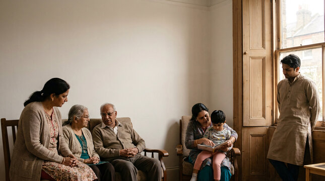 A multi-generational Indian family gathers indoors, sharing a quiet moment of connection and tradition. An elder reads to a child while others sit and converse.
