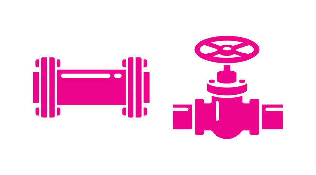 Pink silhouette vector icons representing industrial metal pipelines and heavy duty shutoff valves with metal pipe shutoff valve industrial equipmen