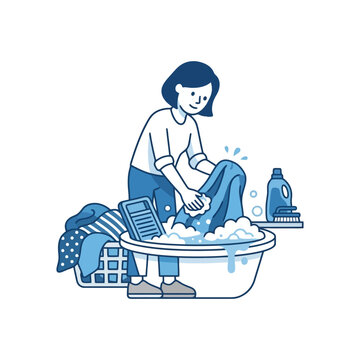 Woman hand washing clothes in basin with soapy water