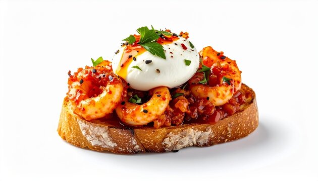 seasoned cooked shrimp served on crusty toast with cream sauce