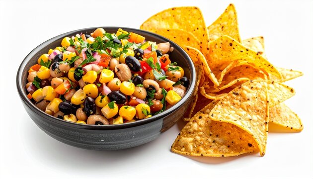 black bean corn salsa dip served with crispy tortilla chips