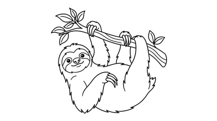 Cute cartoon sloth hanging from a tree branch coloring page © Kopi