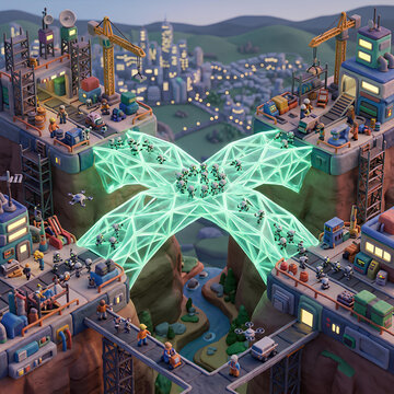 Futuristic City Construction with Digital Bridge and Drones