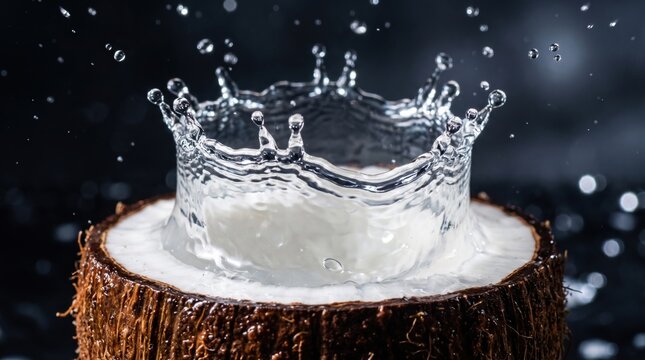 Fresh coconut water splashing in a crown shape against a dark background