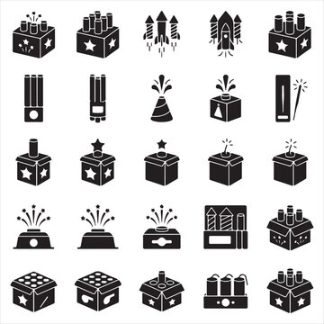 Fireworks and pyrotechnics icons set with rockets firecrackers and celebratory boxes in black silhouette rocket symbols firecracker box party explosives holiday sparks burst symbols new year ico
