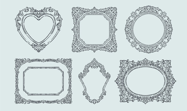 vintage rococo and baroque frame set: heart, square, circle, rectangle, and oval shapes. Hand-drawn line art ink vector borders sketch for romantic wedding invitations. detailed filigree, scrollwork.