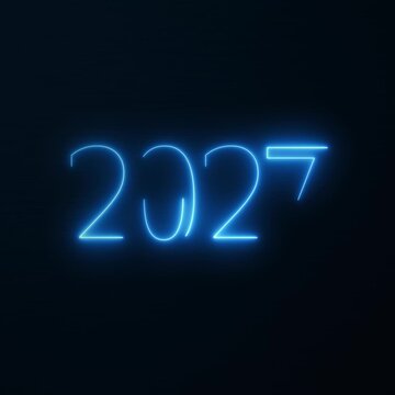Video animation of abstract neon lights with the numbers 2027,and the message happy new year in blue over dark background - represents the new year - vacation concept.