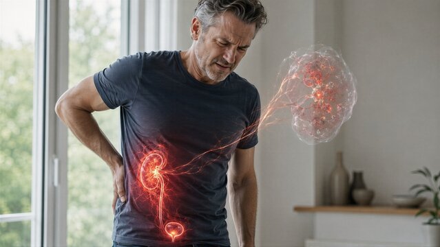 Man suffering from kidney pain touching his lower back. Visible urinary system with glowing kidneys, ureter and bladder. Urinary tract infection, kidney stones and nephrology medical