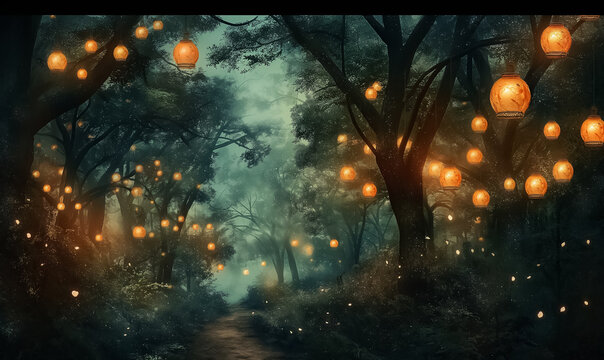 Magical dark forest path illuminated by glowing spherical orange lanterns