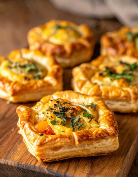 Freshly baked homemade puff pastry pies with savory vegetables and herbs, golden flaky crusts on wooden board, rustic kitchen atmosphere, appetizing food. Close-up.