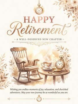 Elegant retirement card with rocking chair, teacup, clock, and floral design
