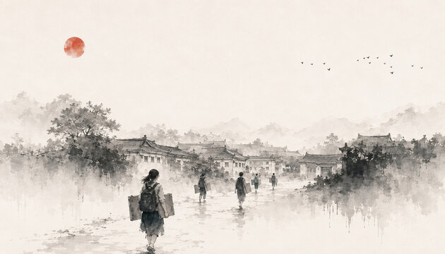 Art Students Carrying Drawing Boards Through an Old Ink Wash Campus