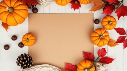 Fototapeta premium Autumn scene. Pumpkins, leaves, pinecone surround blank paper. Rustic white wood background creates cozy fall vibe.