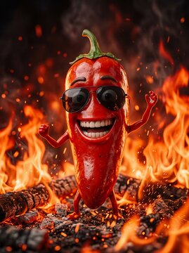 Cool Chili Pepper Character with Sunglasses in Fire Illustration