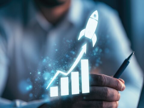 A businessman holds a pen with a glowing rising bar graph and rocket symbolizing business growth and success.