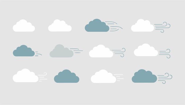 Series of weather icons showing different cloud types with wind lines in varying blue shades against a neutral grey background setting.