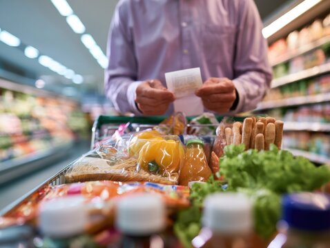 A person reviews a shopping receipt while pushing a grocery cart filled with fresh produce and packaged goods in a supermarket aisle.