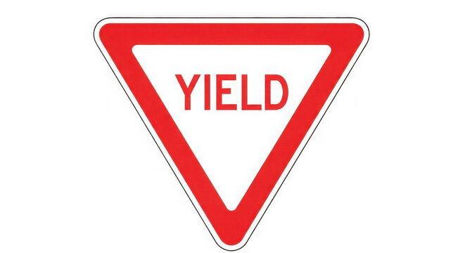 Yield sign featuring a red triangular frame and clear white interior isolated on transparent background.